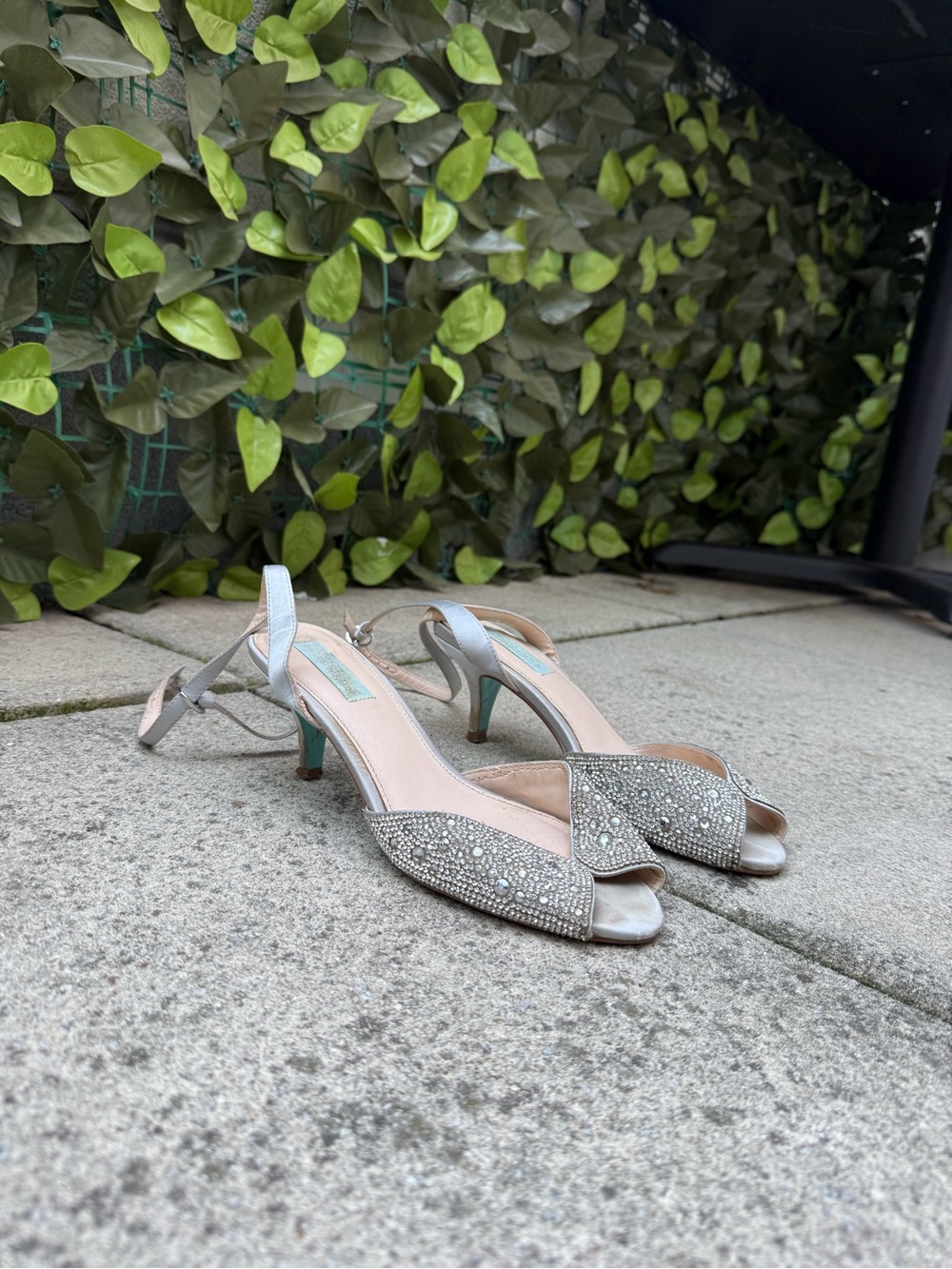 Silver Embellished Open-Toe Slingback Heels
